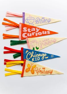 six colorful pennants with the words stay curious and chicago kid written on each one