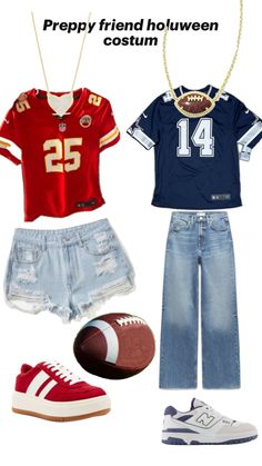 a football jersey, jeans shorts and sneakers are featured in this post - teen halloween costumes