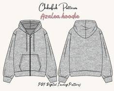 the hoodie pattern is shown in black and white, with an open front zipper