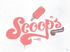 the logo for scoops ice cream is shown in pink and brown ink on a white background