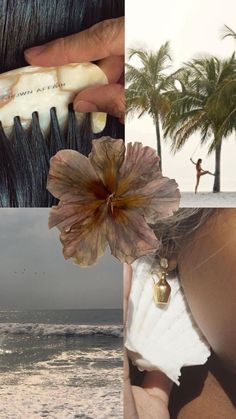 a collage of photos with flowers and people on the beach in front of palm trees