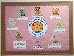 a bulletin board with teddy bears and other stuffed animals on it's pink background