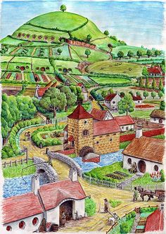 a drawing of a village in the countryside