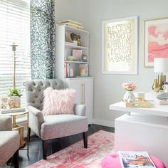 a living room filled with furniture and pictures on the wall next to a window covered in blinds