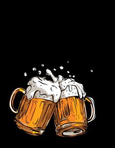 two mugs of beer with bubbles coming out of them on a black background illustration