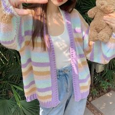 Harajuku pastel color stripe knit cardigan.  We offer FREE and USPS shipping for USA and China Post for any other country in the world. Customer service is included in the price too!!   Color: purple, pink; Size:  Length 56cm, Bust 112cm, Shoulder 60cm, Sleeve 48cm; (divide by 2.54 for the size in inches). Pastel Cardigan Outfit, Pastel Cardigan, Vest Patterns, Ladies Vest, Rainbow Cardigan, Cardigan Y2k, Food Costumes, Purple Cardigan, Crochet Cardigan Pattern