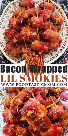 bacon wrapped lil smokies on a plate with toothpicks