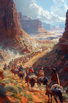 a painting of people riding horses in the desert