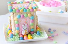 a multicolored cake with lots of candy on it's top and bottom