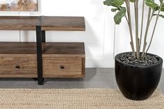 a potted plant sitting on top of a rug next to a wooden table with drawers