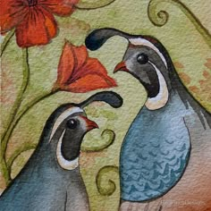 two birds standing next to each other on a piece of paper with flowers in the background