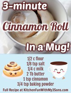 the recipe for cinnamon roll in a mug is shown with information about how to make it