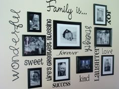 a wall with many pictures and words on it, including the word family is written in black