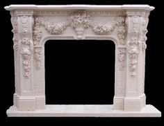 a white marble fireplace surround with flowers and leaves on the mantel, isolated against a black background