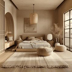 a large bed sitting in the middle of a bedroom next to two tables and chairs