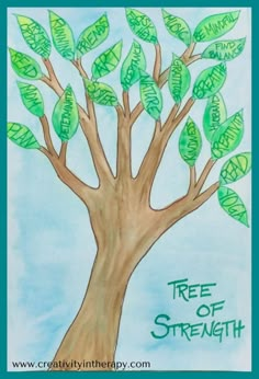 Tree of Strength (Creativity in Therapy) - This art therapy directive helps clients to identify their personal strengths, coping skills, and supportive people to get through a difficult time. Great creative activity for mental health or trauma treatment, in individual therapy or group therapy. Tree Of Strength, Health Activities, Therapeutic Art