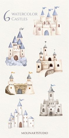 six watercolor castles are shown in this illustration