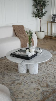 a living room with a white couch and coffee table in the middle, surrounded by potted plants