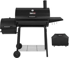 a black barbecue grill with wheels on it