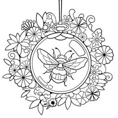 a black and white drawing of a bee surrounded by flowers with a candle in the center