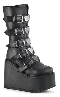 Swing your way into the club with this series of platform wedged boots and shoes, with buckles and straps and decals galore! Vegan Black PU leather 5 1/2 inch platform wedge Mid calf length 5 straps with buckle Heart-shaped metal plates Back zip Women's U.S sizing - refer to size chart for more info Goth Platforms, Heart Platforms, Demonia Boots, Goth Shoes, Goth Boots, Gothic Boots, Demonia Shoes, Attitude Clothing, Gothic Shoes