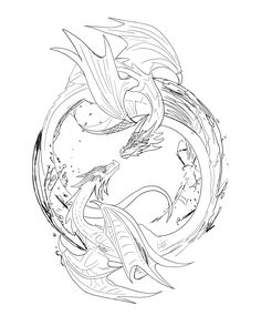 a black and white drawing of a dragon in the middle of a circular shape with wings