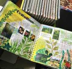 an open book sitting on top of a table filled with plants and other things in it