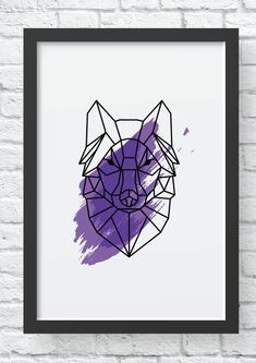 a purple and black geometric wolf head on a white brick wall with a black frame