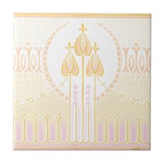 an art deco tile with pink and yellow designs on the border, against a white background