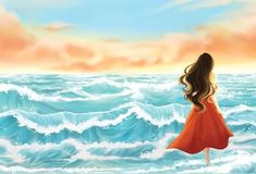 a painting of a woman in an orange dress walking into the ocean with her back to the camera