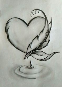 a drawing of a heart with a feather floating in the water