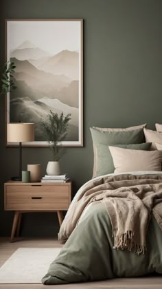 a bedroom with green walls and bedding