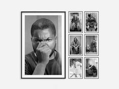 a black and white photo of a man holding his nose in front of several pictures