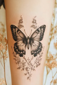 a black and white butterfly tattoo on the side of a woman's leg with flowers