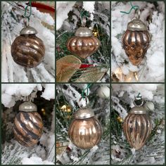 four pictures of ornaments hanging from a christmas tree in the snow, all decorated with gold and silver stripes