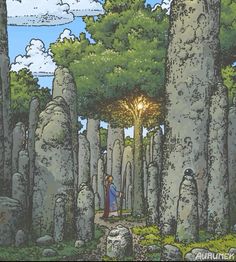 an illustration of a man standing in the middle of a forest surrounded by tall rocks