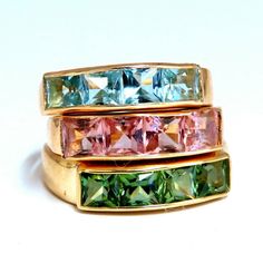 Stacking Rings 2.00ct Natural Pink Morganite 2.00ct Natural Green Tourmaline 2.00ct Natural Aquamarines Squared Emerald Cuts Three Rings. (Vs) Clean Clarity Transparent & Vivid Colors. 18kt Yellow Gold Total Weight: 11.3 Grams. Rings Put Together: 14.2mm Wide Current Ring Size: 6.75 Can Be Resized Paw Print Ring, Pink Halo, Rose Gold Ring Set, Handbags Vintage, Stack Rings, Diamond Cluster Earrings, Sparkly Ring, Raw Stone Ring, Fancy Yellow Diamond