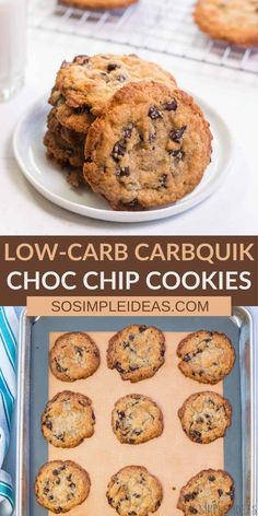 low carb chocolate chip cookies on a plate and in a pan with the title below