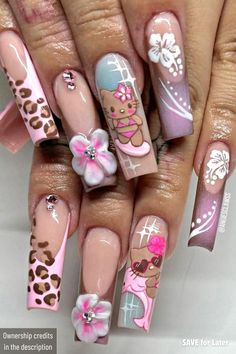 Kawaii Nails Hello Kitty, Cheetah Print Hibiscus Nails, Hello Kitty Beach Nails, Cheetah Hello Kitty Nails, Tan Hello Kitty Nails, Hawaii Hello Kitty Nails, Hawaiian Hello Kitty Nails, Hello Kitty Summer Nails, Jhene Aiko Nails