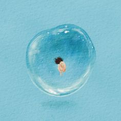 an aerial view of a person floating in a bubble on the water with blue background