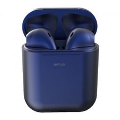 an image of two blue earphones in the case