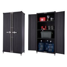 two black storage cabinets side by side with one open and the other closed on both sides