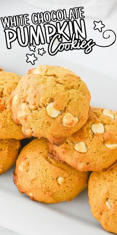 white chocolate pumpkin cookies stacked on top of each other with the words white chocolate pumpkin cookies above them