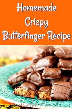 homemade crispy butterfingerer recipe on a green plate with chocolate chips and caramel