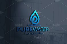 the logo for pure water is displayed on a dark background with blue letters and an image of