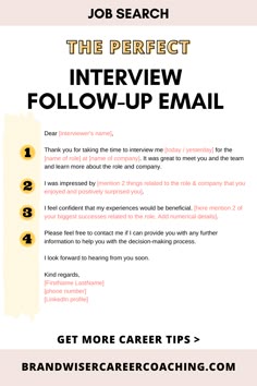 the interview follow - up email form is shown in yellow and black, with an image of