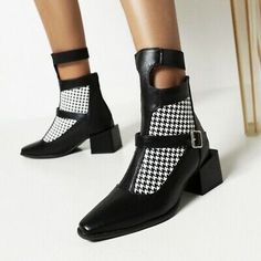 Top Rated Women Fashion Houndstooth Stitching Buckle Straps Bootie Ankle Boots Shoes SKGB, New Women's shoes Block Heel Ankle Boots, Fashion Korean, Boots Shoes, Heeled Ankle Boots, Casual Party, Short Boots, Fall Autumn, Chunky Heels, Low Heels