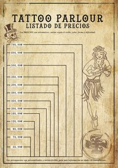 an old paper with the words tattoo parlour written in spanish and numbers on it