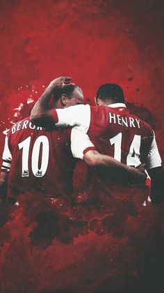 two soccer players hugging each other in front of a red background with the words henry written on it