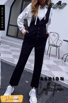 Fashion Casual Solid Split Joint V Neck Loose Jumpsuits Suspender Jumpsuit, Long Overalls, High Waist Jumpsuit, Flare Jumpsuit, Loose Jumpsuit, Long Jumpsuits, Leisure Wear, Jumpsuits For Women, Fashion Casual